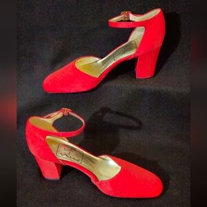 Nina Vibrant Red Satin Ankle Strap Block Heel Shoes - Size 6